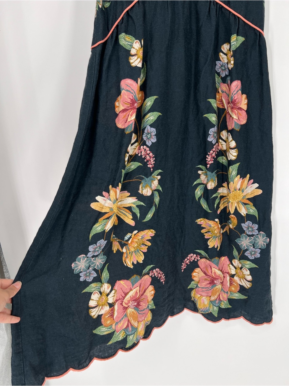Farm Rio Linen Navy Floral Drop Waist Sleeveless Scalloped V Neck Midi Dress S - Picture 2 of 10